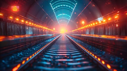 Fototapeta na wymiar Magical train station with tracks that glow with navigational symbols, journey to the unknown