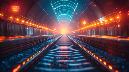 Foto op Aluminium Magical train station with tracks that glow with navigational symbols, journey to the unknown © Leninya