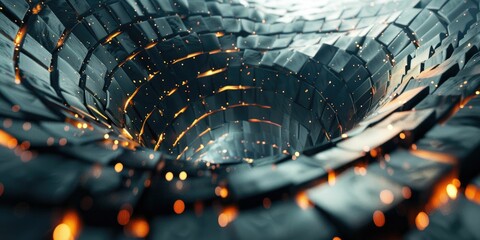 Abstract image of a futuristic tunnel with glowing orange lights and metallic blue surfaces, creating a sense of depth and technology. - obrazy, fototapety, plakaty