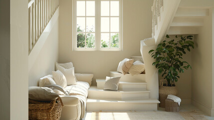Elegant beige stairs in a cozy Scandinavian-themed lounge with a window and soft natural lighting.