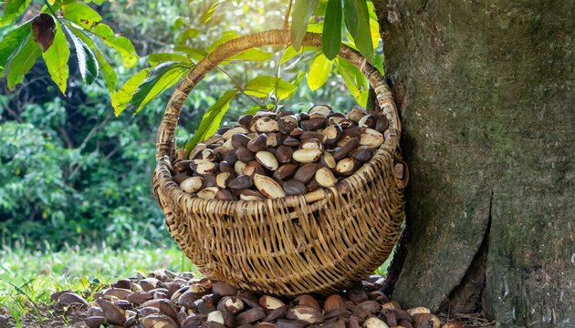 Sob a sombra de uma &aacute;rvore frondosa, um cesto transbordante de castanhas-do-par&aacute; aguarda para ser transportado at&eacute; as aldeias locais, suas cascas duras escondendo a riqueza nutricional dentro delas. 