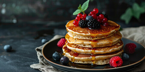stack of american pancakes close up on dark plate with fresh berries and syrup. pile of breakfast...