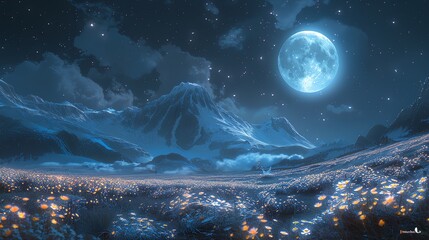 Naklejka na ściany i meble Moonlit valley with glowing flowers that resemble symbolic runes, magical night scene