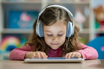 caucasian preschool child using tablet with headphones, white little kid watching cartoon, playing game or learning on a digital device, toddler screentime usage concept
