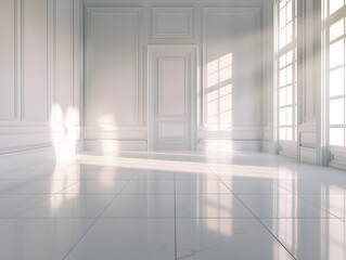 Minimalistic purity in a hyperrealistic with cinematic lighting and negative, beautiful empty room with a romantic atmosphere, and beautiful shadows 
