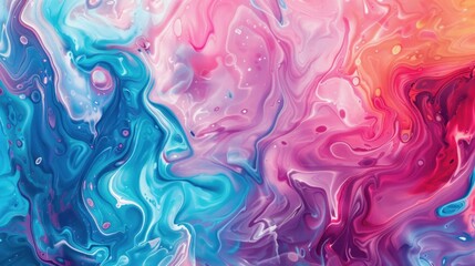 Fluent acrylic background with mixed overflowing paints. Fluid art texture colored waves and swirling forms. An abstract mixture of liquid colorants that flows up and down making wavy backdrop - obrazy, fototapety, plakaty