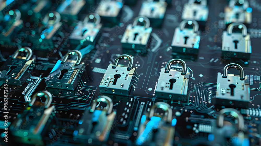 Poster locks on circuit pattern. concept of data security, cyber defense and cybersecurity.