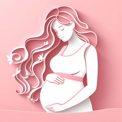 Pregnant mom, papercut illustration, isolated on a pink background, flat vector illustration
