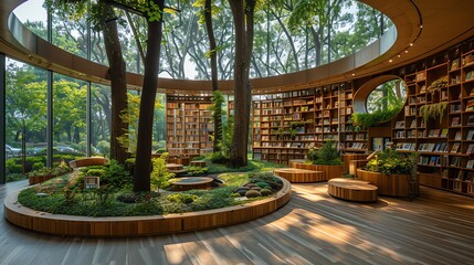 Public library reading nook surrounded by artificial trees, quiet and inviting - obrazy, fototapety, plakaty