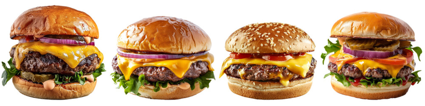 Collection of cheeseburger hamburger topped with cheese cutout png isolated on white or transparent background

