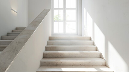 Fototapeta na wymiar Refined beige stairs with Scandinavian aesthetics, situated in a serene lounge with a window.