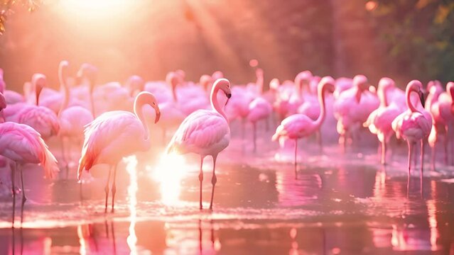 Gorgeous pink flamingos on the lake. Lot of flamingos spend the winter in warm climates in Mexico, Celestun. Pink flamingo in the summer with sunlight. Pastel pink landscape beauty