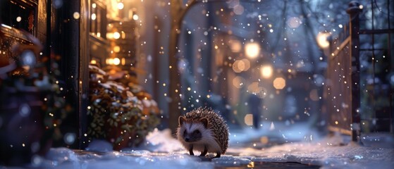 A cute hedgehog walking in a snowy street with a blurred background of lights.