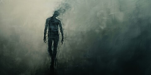 A dark figure walking through the mist. - obrazy, fototapety, plakaty