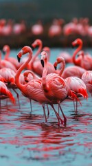 Pink flamingos standing in shallow water, showcasing their vibrant feathers and elegant posture in a serene natural habitat.