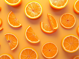 Obraz premium Orange fruits sliced top view on orange background. Design for packaging presentation, advertising and cosmetic product display background. 