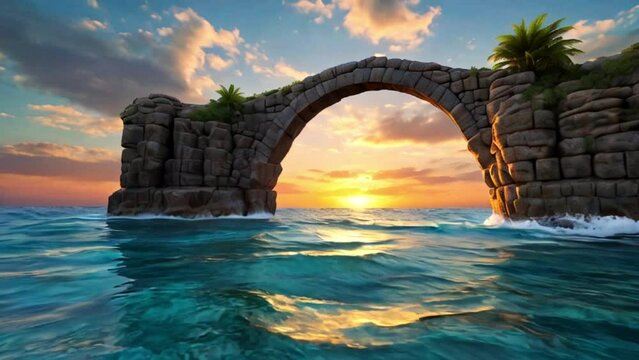 The stone arch stands majestically by the sea, adorned with shades of blue and turquoise. Generative AI