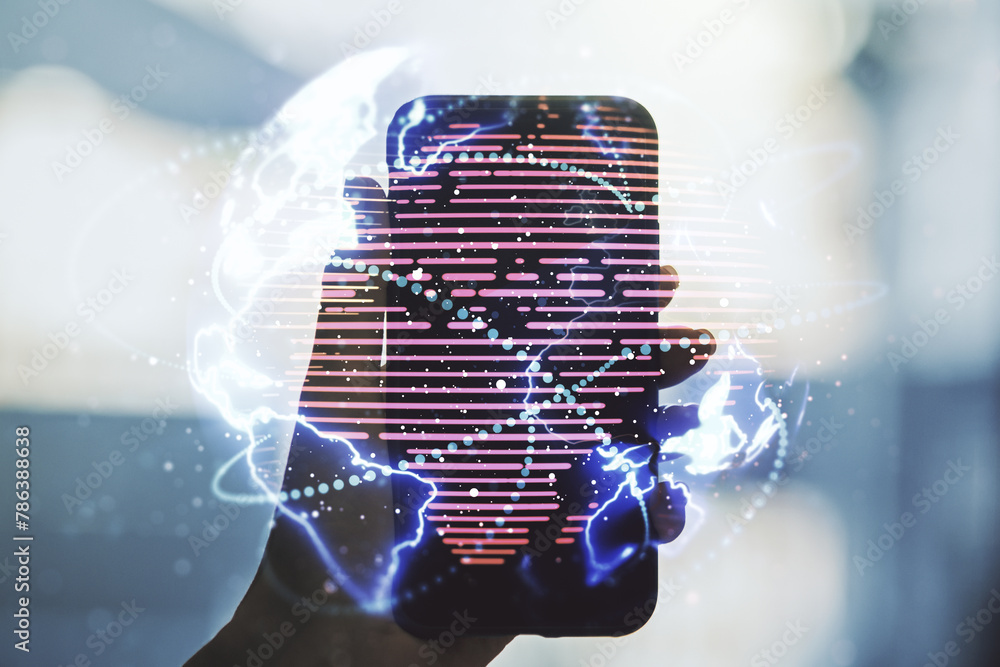 Aufkleber double exposure of abstract digital world map with connections and hand with cellphone on background