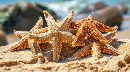 Cluster of starfish on a sandy beach, their textures standing out against the warm, sunlit sand