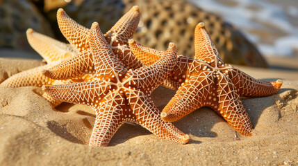 Fototapeta na wymiar Cluster of starfish on a sandy beach, their textures standing out against the warm, sunlit sand
