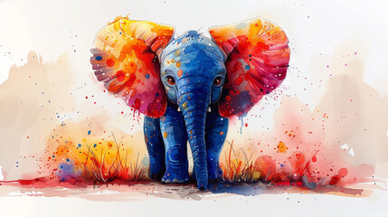 illustration of a print of colorful cute baby elephant