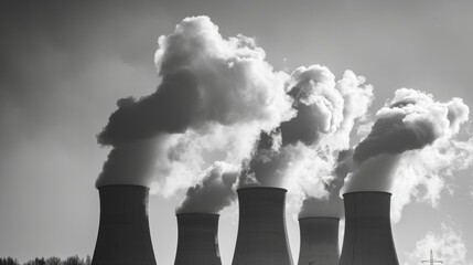 Billowing white smoke from industrial smokestacks against a gray sky