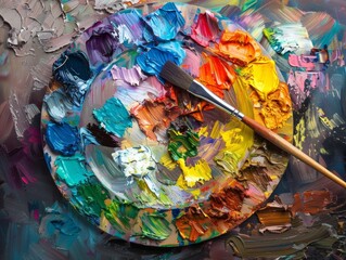 An oil painting palette with a brush on it.