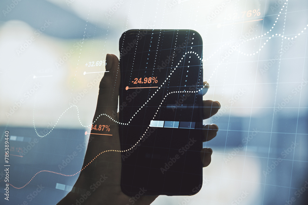 Poster Multi exposure of abstract statistics data hologram interface and hand with cellphone on background, computing and analytics concept