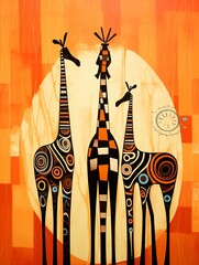 Ethnic dance of Africa, abstract tribal patterns, folk giraffes, ornamented backdrop, vertical design, serene daylight, lowangle shot