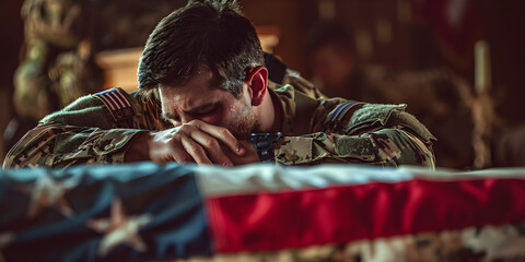 Soldier grieving over casket draped with USA flag at military funeral.