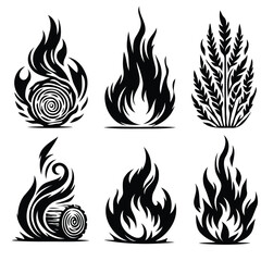Fiery design set with vector flames in black and white hues, perfect for logos, icons, or burning hot illustrations - Stock vector illustration