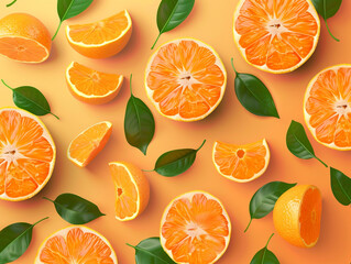 Orange fruits sliced top view on orange background. Design for packaging presentation, advertising and cosmetic product display background. 