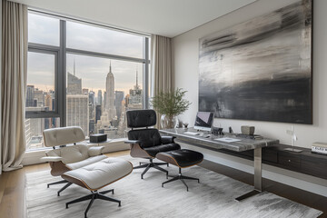 Modern New York City High-Rise Home Office with Minimalist Design, Ergonomic Furniture, Monochrome Palette, Evening Light
