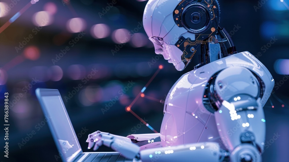 Poster illustration of robot humanoid using laptop, symbolizing global network connection.