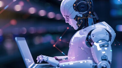 Fototapeta premium Illustration of robot humanoid using laptop, symbolizing global network connection.