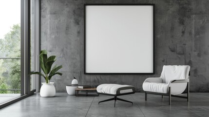 Modern interior design of living room with stylish furniture, large windows, and blank frame for mockup. Contemporary home decor and architecture.