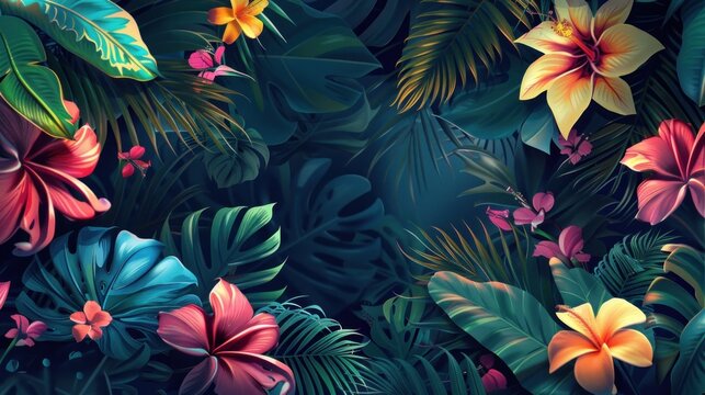 Abstract background with lush vines and tropical flowers for text-based poster or banner.