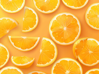 Obraz premium Orange fruits sliced top view on orange background. Design for packaging presentation, advertising and cosmetic product display background. 