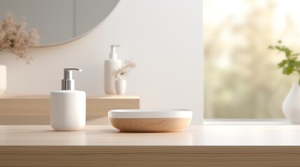 Fototapeta na wymiar Minimalist white bathroom setting with a wooden table top in the foreground, blurred for focus, a pristine space for product presentation in 4k