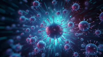 Fotobehang High-definition 4k graphic depicting viruses amidst digital sequences, highlighting modern viral analysis and digital health threats © JP STUDIO LAB