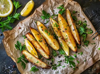 Baked French fries with lemon and herbs on the table