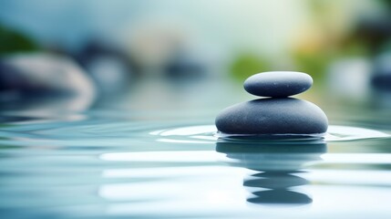 Serene image of smooth Zen stones in clear water, creating a peaceful spa wellness backdrop, captured in minimalist style in 4k - obrazy, fototapety, plakaty