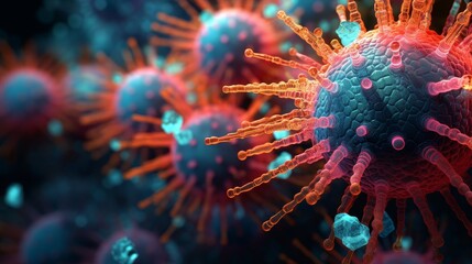 Close-up on vibrant virus structures within a sea of data, a 4k representation of infectious agents in the digital age - obrazy, fototapety, plakaty
