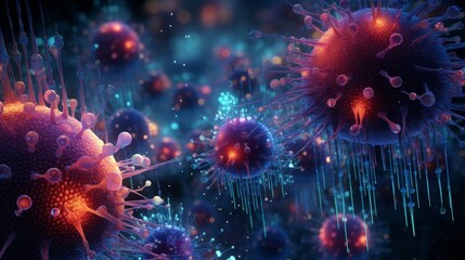 Close-up on vibrant virus structures within a sea of data, a 4k representation of infectious agents in the digital age - obrazy, fototapety, plakaty