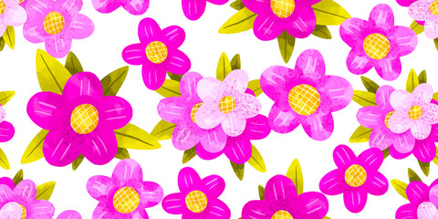 Seamless background of blooming pink flowers. Cartoon illustration. Hand drawn illustration on isolated background
