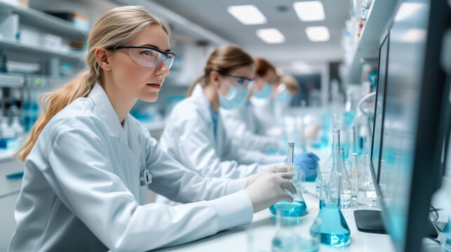 Concentrated female scientists in white lab coats performing precise chemical experiments in a lab. Female Scientist Analyzing Samples in a Laboratory