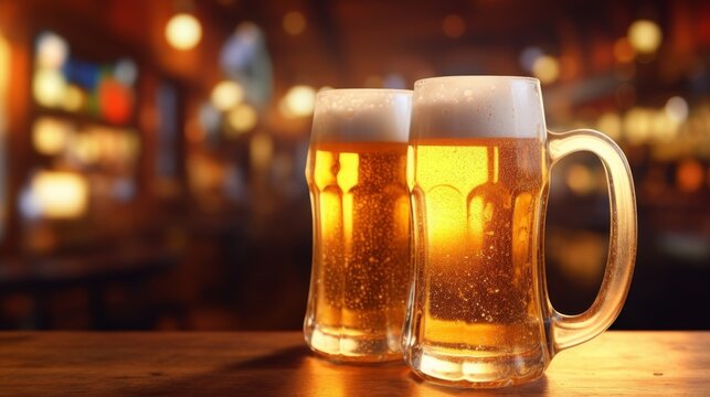 The perfect chill, cold beer glasses on a pub background, condensation sparkling under warm bar lighting, in photo-realistic 4k