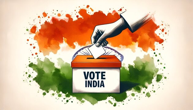 Vote india watercolor illustration with a hand inserting a ballot into a box.