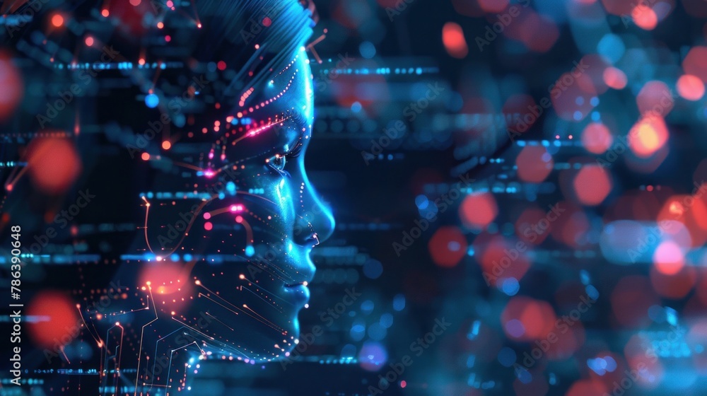 Aufkleber futuristic visualization of digital human face representing artificial intelligence, neon networks a