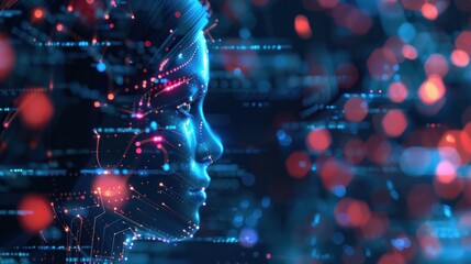Futuristic visualization of digital human face representing artificial intelligence, neon networks and machine learning. Innovative technology and advanced computing.